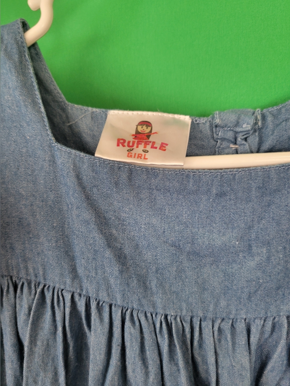 Kids Denim Dress Red Pom-Pom Sleeve Trim Ruffle Girl Size 10/12 7/8 School Back - Picture 3 of 6